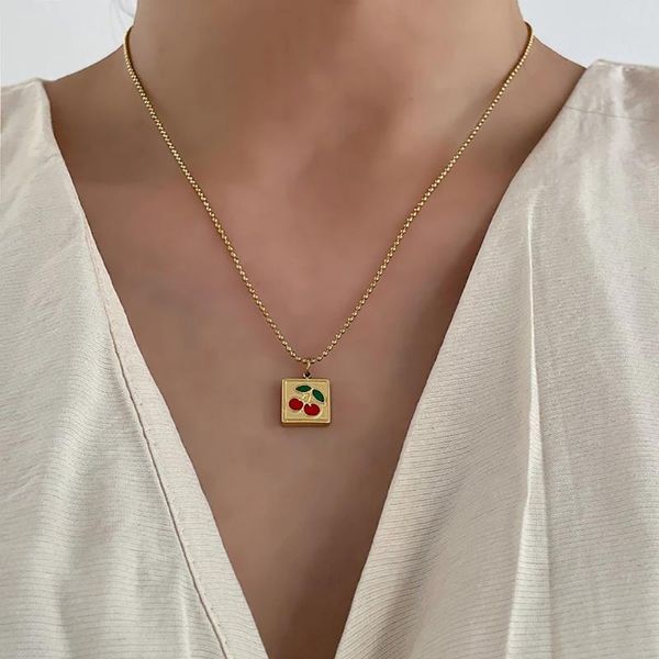 

chains ghidbk vintage square cherry pendant necklaces for women girls party thin beads chain fruit pattern charms jewelry, Silver