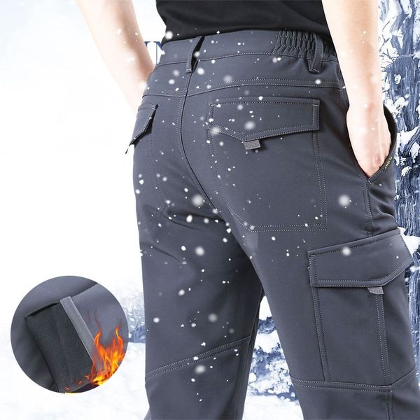 

men outdoor waterproof pants trekking pants travel pants pantalon homme thick hiking trousers fleece lined warm cargo trousers, Black