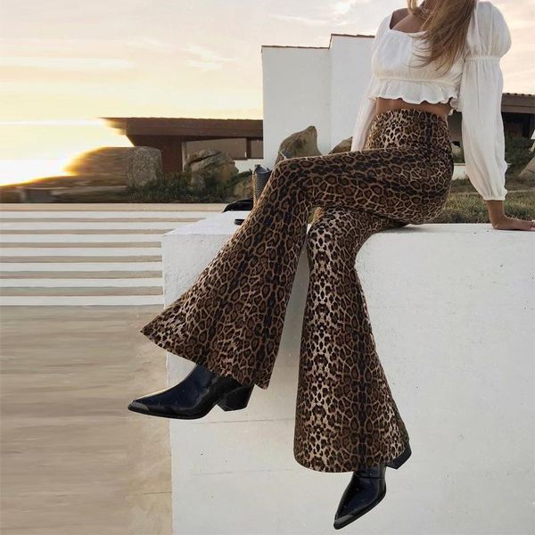 

women's pants & capris raisevern 2021 fashion ladies leopard print flare trousers layered palazzo casual, Black;white