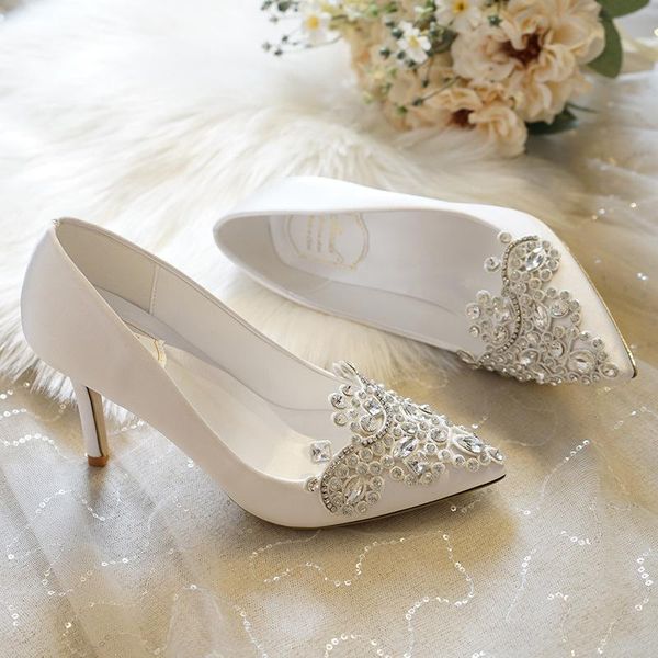 

dress shoes white high heel pointed stiletto rhinestone satin lace women's banquet bridesmaid wedding, Black