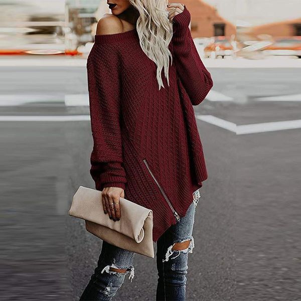 

women's sweaters long sweater women autumn winter 2021 asymmetrical crewneck one off shoulder jacket with zipper pullover knitted korea, White;black