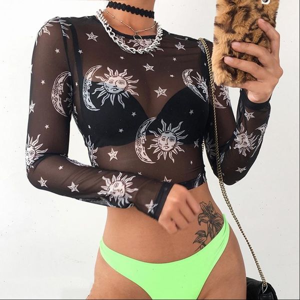 

2021 women harajuku mesh long sleeve see through t shirt transparent sun moon star print t shirt femininas clubwear, White