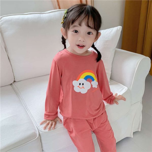 

girls' pajamas two piece set 2021 spring children's wear cute cartoon high waist belly long sve home suit, Blue;red