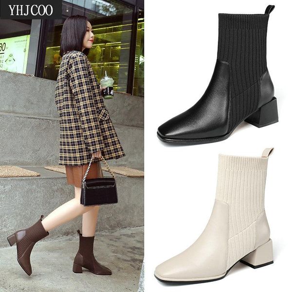 

boots autumn winter women 2021 ankle for fashion square toe comfort warm ladies shoes 43, Black