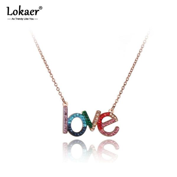 

chokers lokaer titanium stainless steel colorful cz crystal love choker necklaces for women girls trendy charm pendant necklace n19185, Golden;silver