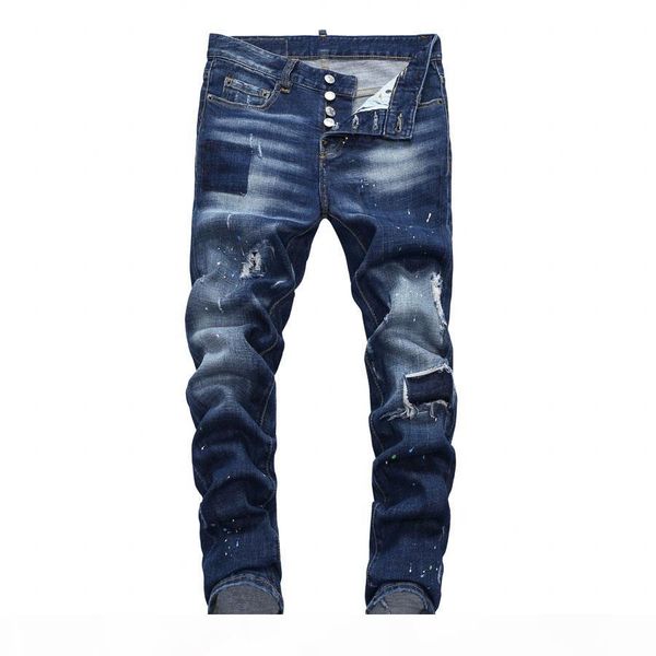 

men ripped distressed jeans fashion designer slim fit washed motocycle men's denim pants panelled hip hop biker mens trousers nj79, Blue