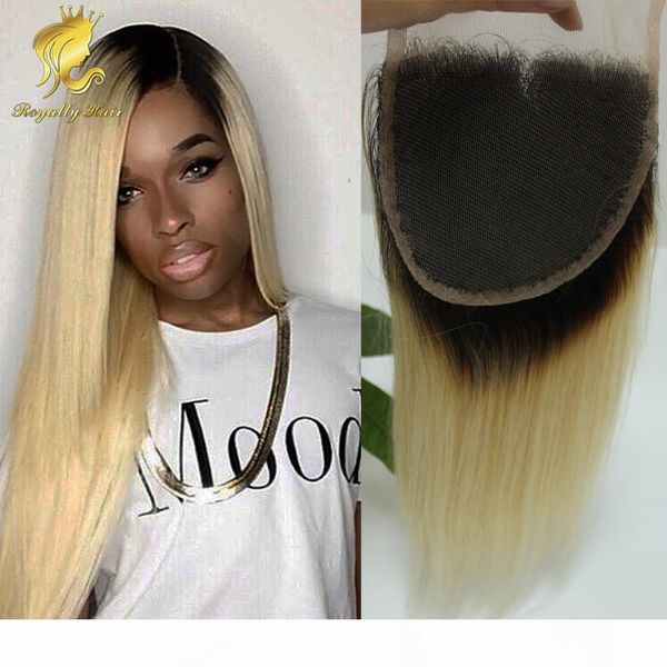 

ombre color 4x4inch 3 part lace closure mongolian human hair straight closure blonde #1b 613 with baby hair, Black;brown