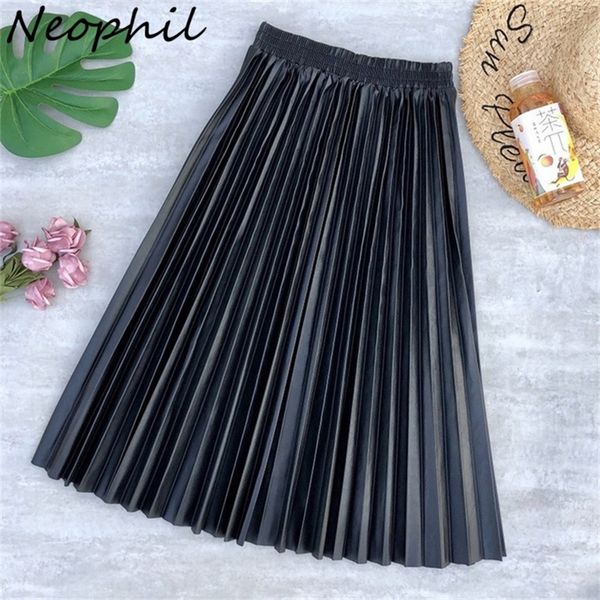 

neophil ladies black pu fur faux leather midi skirt thick winter pleated high waist vintage mid-calf women longa saia s2010 210311