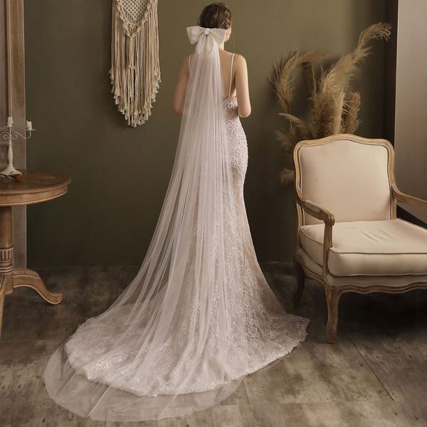 

v824 elegant chapel bridal veil soft dot tulle wedding long floor train white headdress with satin bow for bride 230cm*170cm, Black
