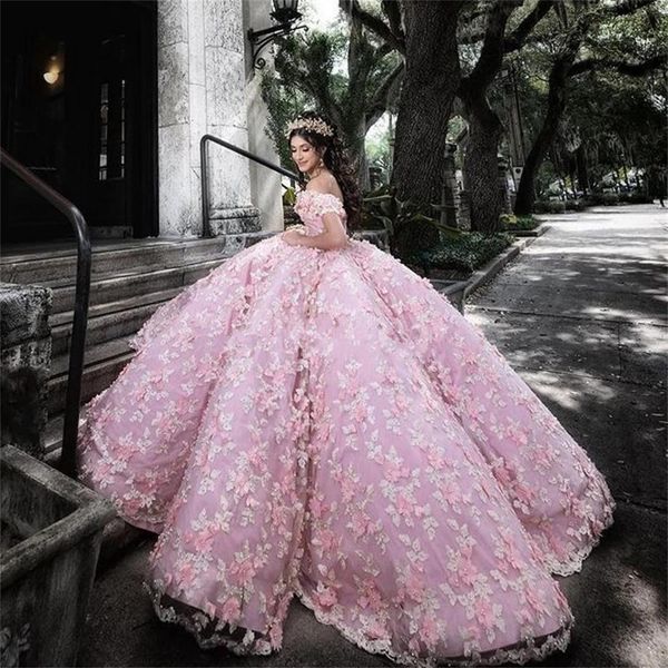 Pizzo rosa fuori spalla quinceanera abiti da ballo principessa abiti 3d floreali ghitidos para xv aos dolce 16 abito de soire