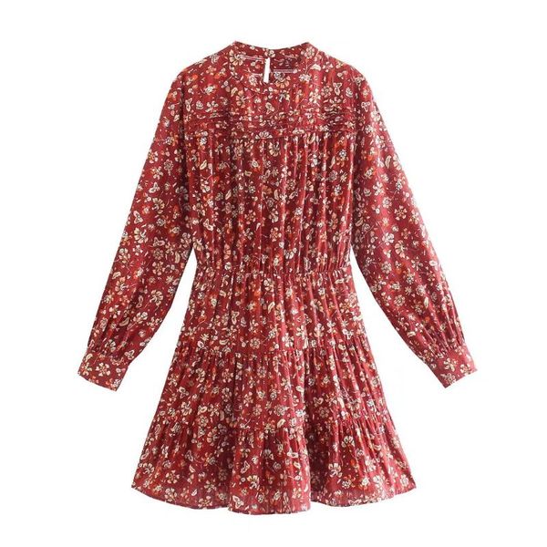 

casual dresses willshela women fashion floral printed pleated mini dress vintage o-neck long sleeve female woman, Black;gray