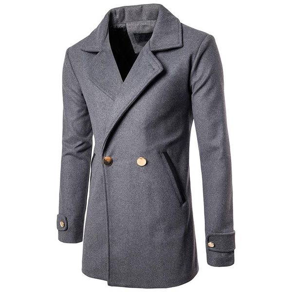 

men's wool & blends blend coat autumn and winter fashion solid color gold button casual long section thick warm, Black