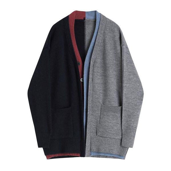 

women's knits & tees ladies v-neck sweater knit jacket autumn retro stitching contrast color loose long-sleeve cardigan matching, White