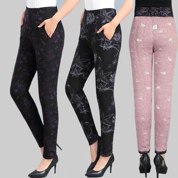 

new women 2021 winter fashion plus thick veet leggings female mom high elastic pencil pants print flower slim trouser a342oie1, Black