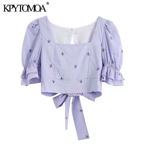 

kpytomoa women sweet fashion floral embroidery cropped blouses vintage pull sleeves back bow tie female shirts chic 210315, White