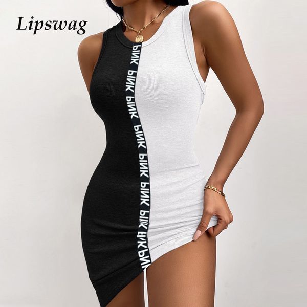 

elegant letter print women mini dress 2021 summer off shoulder lady party dress casual sleeveless ribbed slim bodycon dresshigh quality, Black;gray