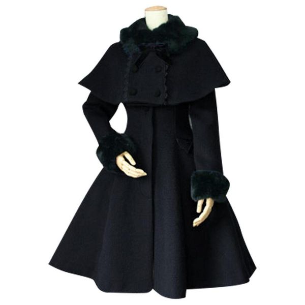 

women's wool & blends winter coat retro style female two piece long with poncho jacket clearance, Black