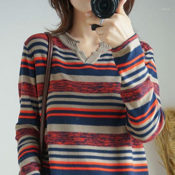 

women's sweaters knitted long sleeve loose sweater 2021 spring and autumn v-neck shirt striped thin bottoming, White;black