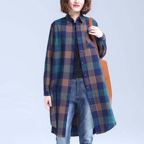 

women's blouses & shirts 2021 autumn winter outwear casual blouse korea design preppy style plaid cotton linen loose women long spring, White