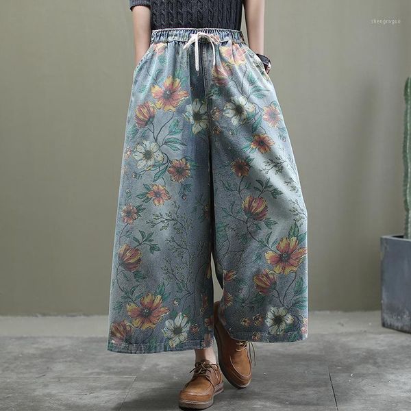 

women's jeans plus size woman 2021 spring autumn nation style vintage elastic waist floral print wide leg denim pants ankle-length, Blue