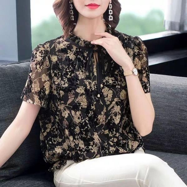 

women spring summer style chiffon blouses shirts lady casual short sleeve stand collar halter printed loose blouses df3464, White