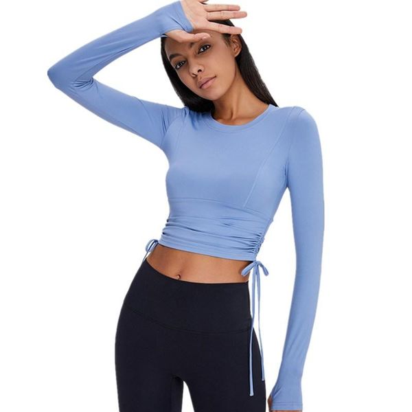 

yoga outfits autumn women side drawstring bandage shirts quick-drying elastic tight long-sleeve thumb hole running fitness t-shirt, White;red
