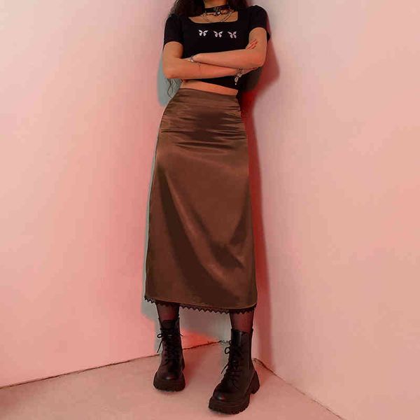 

high darlingaga vintage y2k aesthetic waist skirt lace patchwork harajuku long gothic clothes 90s straight woman s, Black