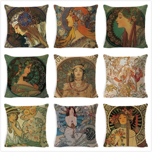 

cushion/decorative pillow vintage european cushion cover art nouveau mucha gallery case home decorative beautiful girl pattern linen pillowc