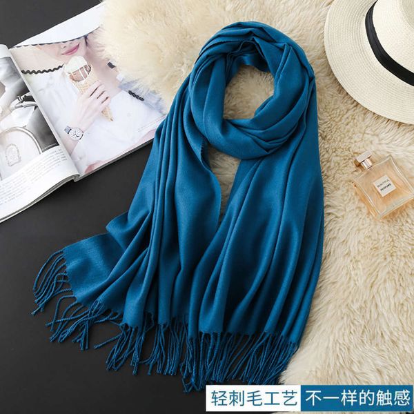 

designer new gold label light bristle pure color cashmere like scarf women's autumn and winter warm cape printing embroidery gift, Blue;black