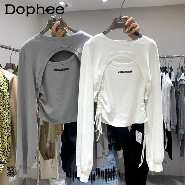 

women's t-shirt 2021 spring retro long-sleeved short shirts female letter print drawstring slim fit tank two-piece set t-shirts for wom, White