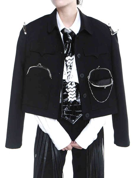 

women's jackets chicever korean fashion patchwork sequin jacket for women lapel collar long sleeve single breasted solid coat female cl, Black;brown