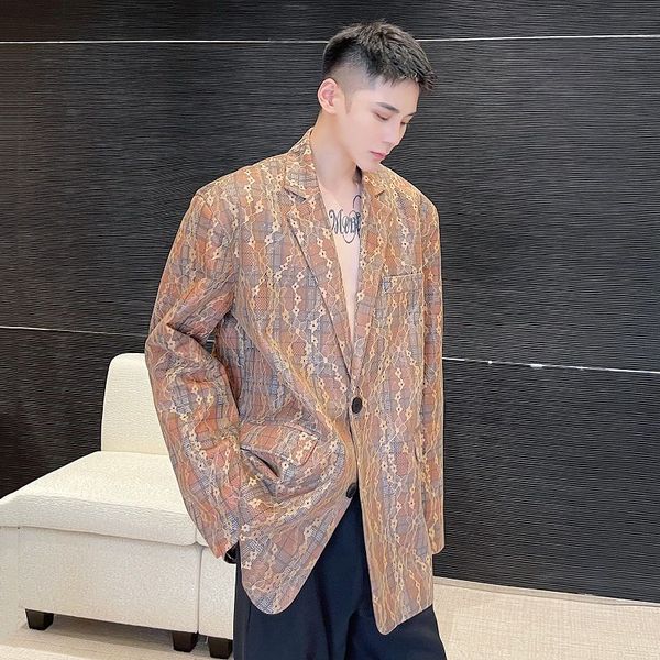 

menswear thick suit coat autumn personality lace jacquard composite tweed vintage plaid blazer trend loose male jacket 0532, White;black