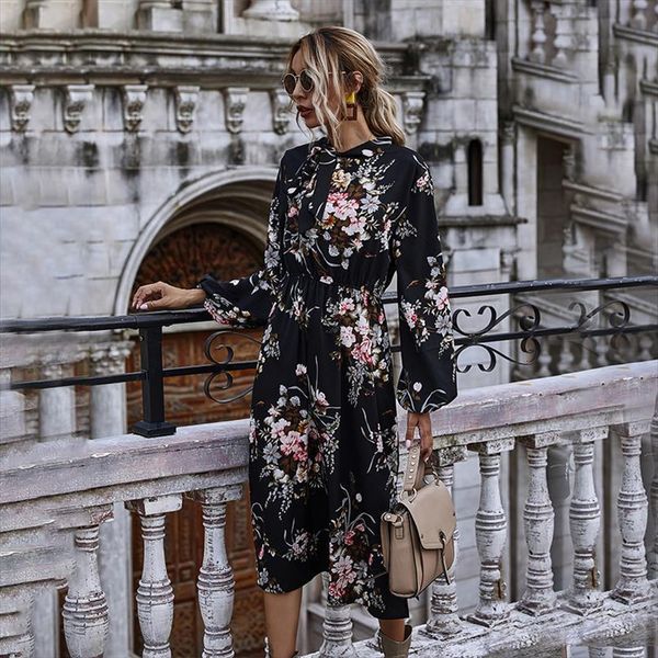 

puff sleeve spring autumn floral women dresses elegant bow stand collar high wasit long, Black;gray