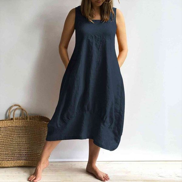 

summer linen sleeveless beach casual women dresses pocket loose o neck plus size fashion clothing t3g, Black;gray