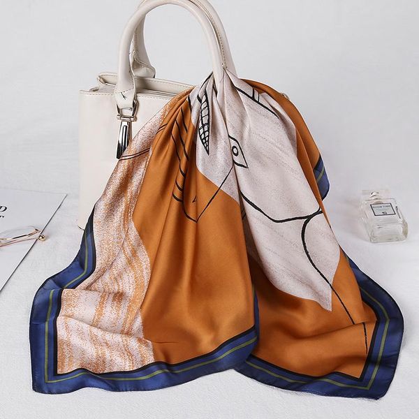

design print square silk scarf women neck hair band shawl wrap foulard bandana female neckerchief spring scarves 2021 new, Blue;gray