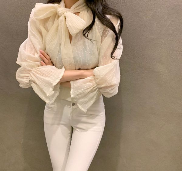 

stylish gentle chiffon flare sleeves 2021 office lady feminine elegant women chic blouses sweet loose new shirts 8pcp, Black