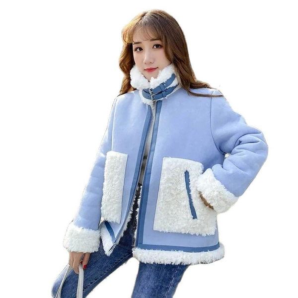 

women's wool & blends thick lamb coat female winter 2021 loose jacket stitching women woolen overcoat large size outwear ladies, Black