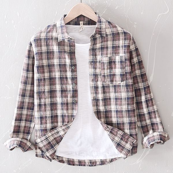 

2021 new spring and summer linen brand long-sleeved casual shirts for men fashion plaid shirt mens comfortable chemise camisa jdbw, White