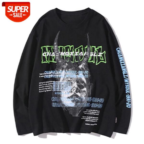 

Hip Hop Horn Character Letter Print Men Pullover T Shirt Fashion Streetwear 2020 Harajuku Casual Cotton Long Sleeve Tshirts Male #bx4v, White;black