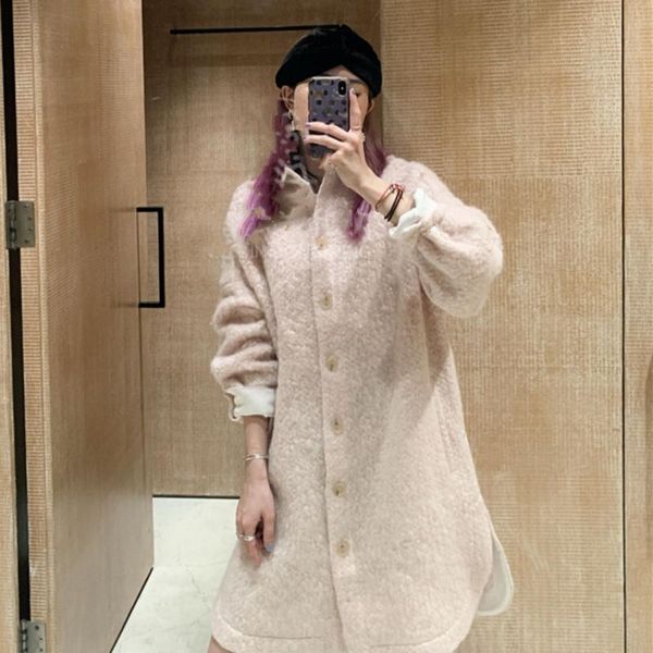 

women's wool & blends 2021 fall/winter straight-breasted slits drop shoulder terry woolen coat, Black