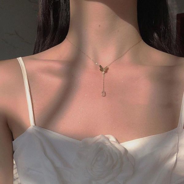 

pendant necklaces fashion women alloy butterfly choker water drop pearl necklace casual party plated water-wave chain jewelry, Silver