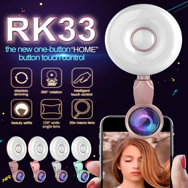 

rk33 led selfile flash light stepless dimming 360 degree rotation with macro wide angle lens touch control led selfie ring light