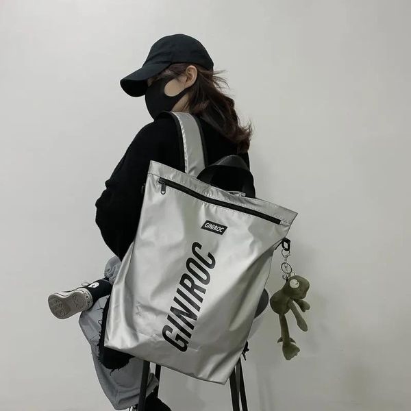 

backpack black and silver cool high-capacity pu for high school students with korean harajuku style
