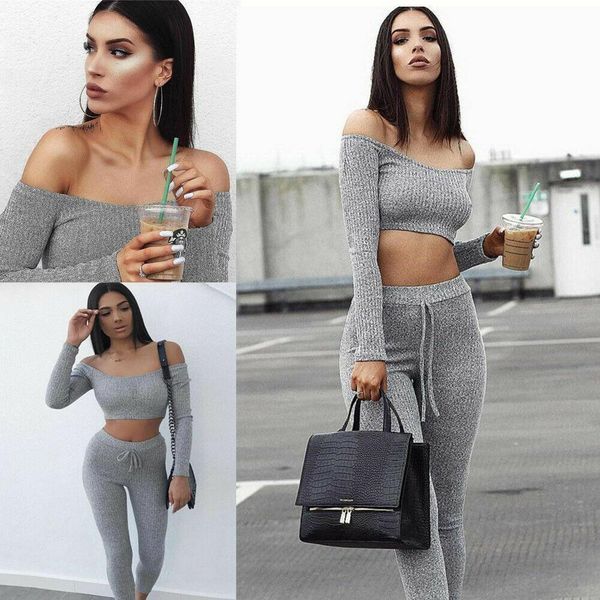 

2021 new fashion 2 piece set women off shoulder crop and long pants suit ladies leisure two piece tracksuit, Gray