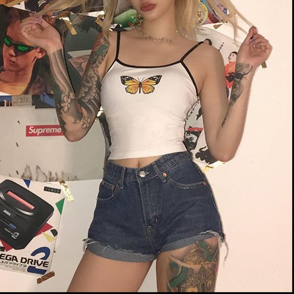 

cute butterfly printing cotton crop women summer casual white camiseta mujer 2021 ladies tank street casual tees