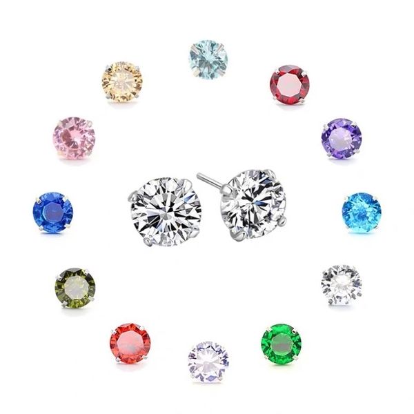 

12 month 12pairs platinum genuine real pure solid 925 sterling silver stud earrings jewelry clear purple cubic zircon female earrings, Golden;silver