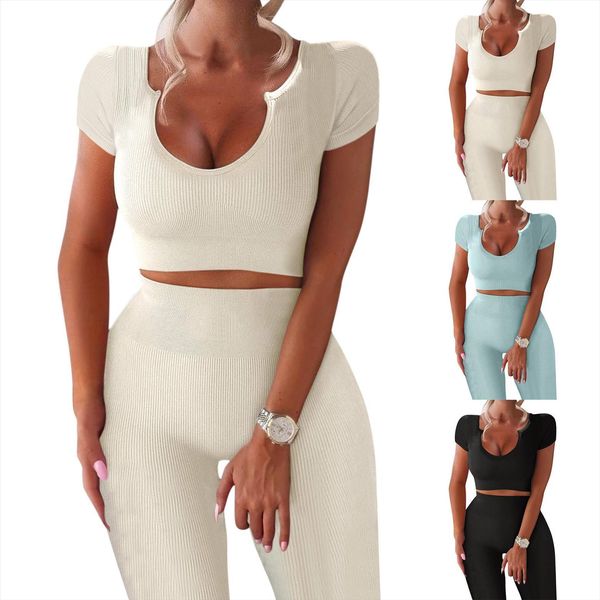 

summer clothes workout sets womens pants 2 piece seamless ribbed tank high waist trousers yoga clothing outfits, White