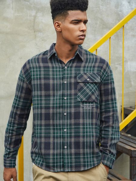 

men tartan slogan graphic flap pocket shirt 61z8#, White;black