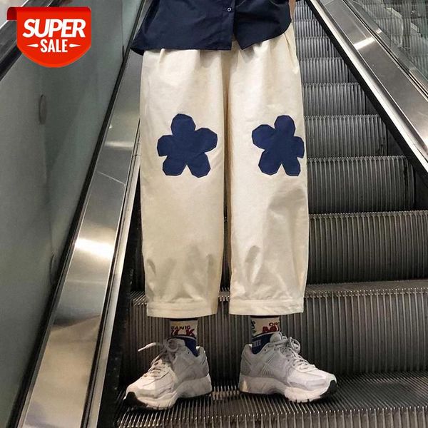 

autumn new design flower patch elastic waist ankle-length pant women preppy style ladies cotton wide leg pants ladies trouser #oc0u, Black;white