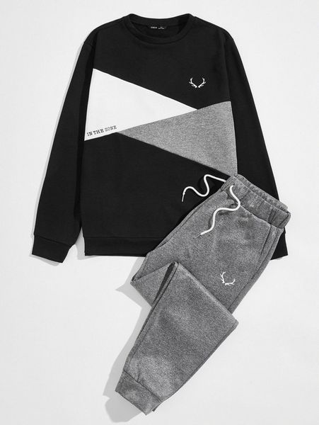 

men letter graphic colorblock pullover & joggers set i4rq#, Gray